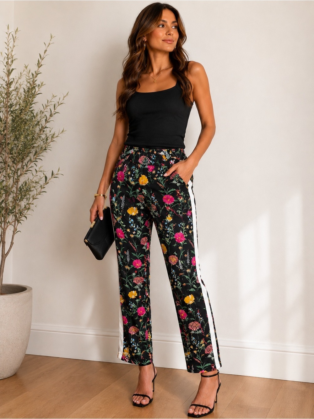 Boston Proper Floral Track Pants Crop Tapered Stretch Ankle Slits Small